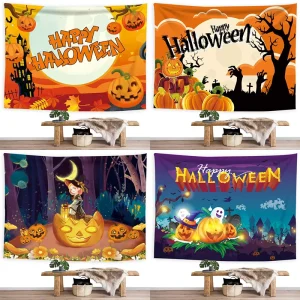 Digital Printed Polyester Tapestry Halloween Hanging Cloth Decoration Background Wall Shop Scene Arrangement Pumpkin Banner