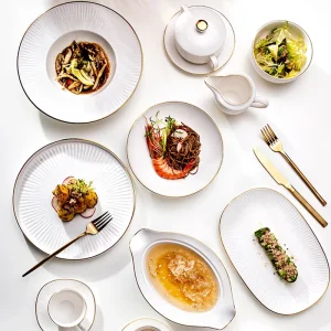 Dinnerware Custom Ceramic Crockery Set White Gold Rim Embossed Royal Luxury Porcelain Bistro Plate Set