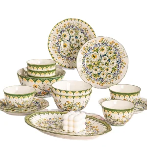 Dinnerware Set Plant Pattern Ceramic Plates Bowls Microwave Safe Nordic Style Fresh Cream Color Tableware Set