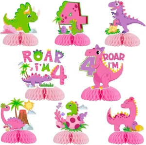 Dinosaur 4th Birthday Girl Pink Honeycomb Paper Centerpieces Reusable Table Decorations