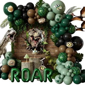 Dinosaur Birthday Party Balloon Arch Kit Decorations with Foil Balloons and Dinosaur Cutouts Jungle Dinosaur Party Supplies