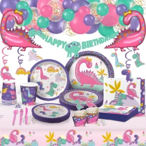 Dinosaur Party Supplies Set Serves 20 Birthday Party Decorations for Girls Large Foil Balloons Plates Cups Happy Birthday Kit