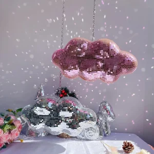 Disco Ball Cloud Decor Sparkling Fluffy Cute Cloud for Home Nursery Bedroom Party in Silver Gold Pink Blue