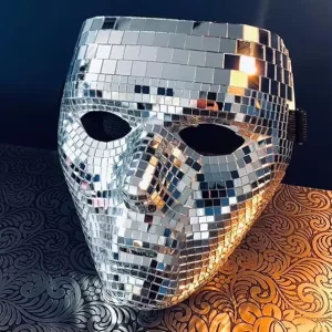 Disco Ball Glitter Silver Mirror Full Face Mask Festival Masquerade Rave Party for Cosplay Halloween Christmas Night Club Glass