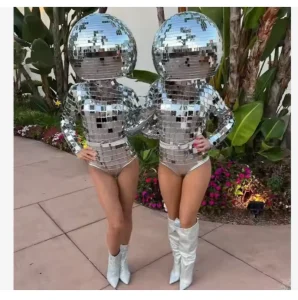 Disco Ball Mirror Helmet Mirror Bodysuit Set Women Gogo Dancer Stage Costume Festival Party Outfit
