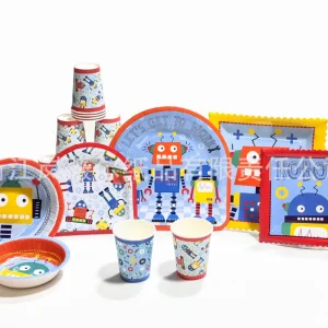 Disposable 350g Coated Glazed Kidsren’s Birthday Cup Square Robot Series Paper Bowl Food Plate Cartoon Style Party Set