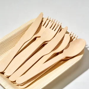 Disposable Birch Wood Cutlery Set with Napkin Eco Friendly & Compostable for Meal Prep & Travel Use