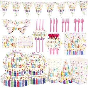 Disposable Birthday Party Supplies Tableware Set Paper Plates Cups Napkins Party Hats Straws Cutlery