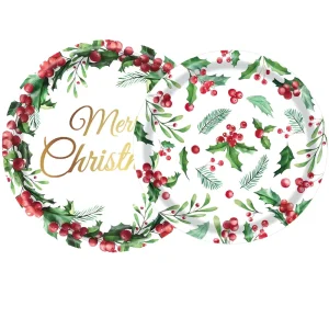 Disposable Christmas Paper Plates Napkins Cups Set Holly Leaf Theme Holiday Party Tableware Decorations