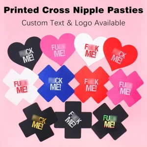 Disposable Cross Shaped Custom Printed Satin Nipple Cover Sexy Nipple Pasties Sticker with Text Logo for Rave Festival