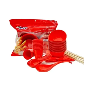 Disposable Eco Friendly Bamboo Fiber Tableware Red Festive Rice Bowls Plates for Weddings
