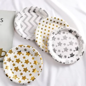Disposable Gold Silver stamped Birthday Cake Dinner Plates Wavy Striped Polka dot Decorative Paper Plates Luxury Tableware