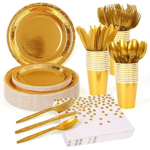 Disposable Laser Cut Bronze Biodegradable Eco Friendly Non Toxic Paper Cup Wedding Plates Party Table Decorations