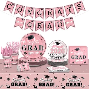 Disposable Luxury Eco friendly Party Tableware Includes Paper Plates Banners Pink Graduation Theme Graduation Season Party