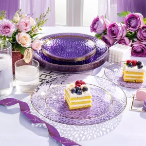 Disposable Luxury Round Colored Plastic Tableware Set with Gold Edges 7.25Inch & 10.25Inch for Festival Party Wedding