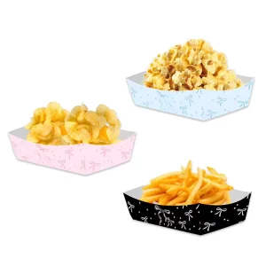 Disposable Paper Food Boats Bow Pattern Snack Trays for French Fries Popcorn Chips Party Treats