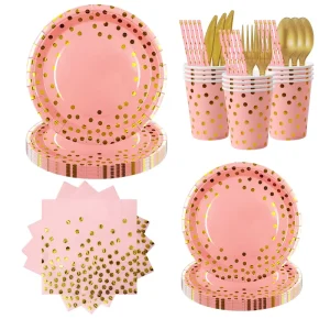 Disposable Paper Tableware Set with Rose Red Dot Banner Tablecloth Plates Cups Knife Fork Spoon for Party Decoration