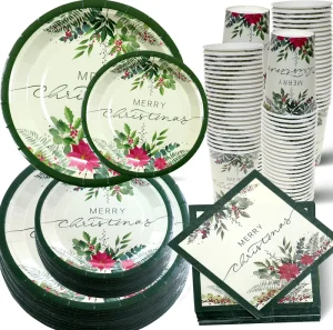 Disposable Party Supplies Kits Custom Printed Compostable Cups Plates Napkins Paper Tableware Set for Christmas