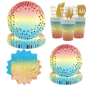 Disposable Party Supplies Set Gradient Paper Plates Cups Tablecloth Banner for Birthday Wedding Baby Shower Party Decor