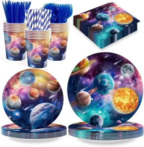 Disposable Party Tableware Sets Space Themed Paper Plates Napkins Fork Knife Straw Set Party Tableware Supplies