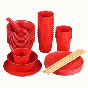 Disposable Rice Husk Tableware Set for Ten People Thickened Hard Red for Wedding Banquets & Celebrations