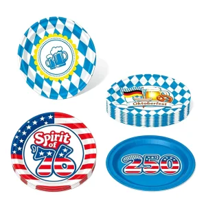 Disposable Single use Paper Plates Assorted Holiday Prints Blue White Patriotic Patterns Bulk Party Supplies for Festivals