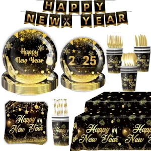 Disposable Tableware Sets in Black Gold for New Year’s Eve Party Decorations Holiday Supplies for Valentine’s Day Halloween