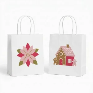 Disposable and Reusable White Kraft Xmas Paper Bags Full Festive Print Tote Bags for Large Holiday Event Packaging