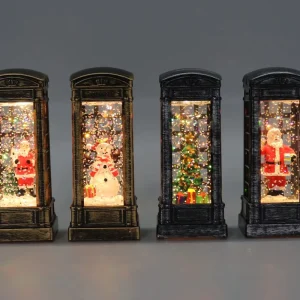 Distressed Black Phone Booth Christmas LED Snow Globe Lantern 3D Sculpted Santa Snowman Tree Water Glitter Light