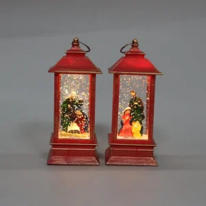 Distressed Red LED Christmas Lantern Glitter Water Snow Globe Light Santa Snowman Scene Decor