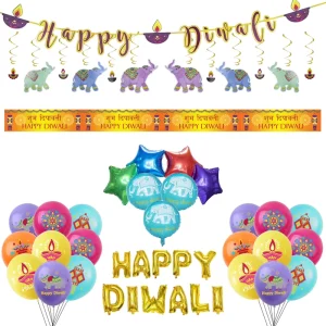Diwali Decorations Set Happy Diwali Balloon Banner Foil Lanterns & Elephant Ornaments for Hindu Festival of Lights Party