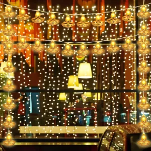 Diwali Lights Decorations for Home 20 LED Gold Diya String Lights Bright Curtain Lights for Indoor Outdoor Indian Wedding Party