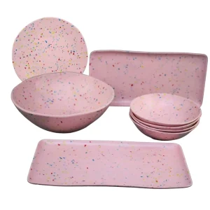 Double Sided Matte Pink Sprinkles Melamine Dinnerware Set with Irregular Edge