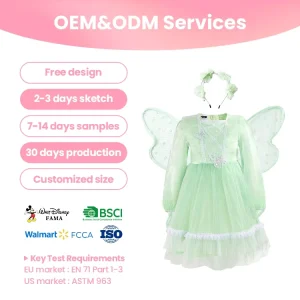 Dream Party Premium Girls’ Cotton Toddler Light Green Fairy TV & Movie Halloween Dress Set Wings Headband for Children’s Parties