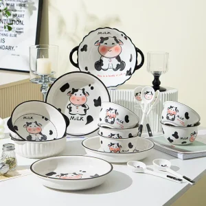 Dudu Cow Series Cute Instagram Style Cartoon Children Ceramic Bowl Plate Set Microwave Safe Household Tableware