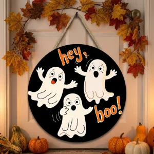 Durable Basswood Holiday Door Ornament 12″ Round Polished Wooden Sign for Halloween Festive Home Decor