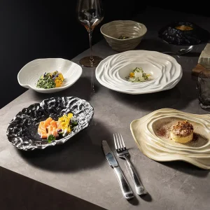 Durable Ceramic Crockery Dining Set Plates for Restaurant Black White Soup Porcelain Dinner Irregular Dishes Plate Set
