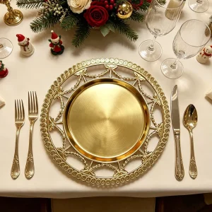 Durable Gold Silver Metallic 13 Inch Round PP Plastic Charger Plates Custom Wedding Harvest Festival Dining Table Decor