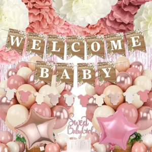 Dusty Pink Baby Shower Party Supplies for Welcome Baby Banner Tissue Poms Sweet Baby girl Cake
