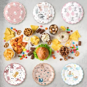 Dusty Pink and Blue Disposable Round Plate and Cutlery Set for Christmas or Birthday Parties Festive Party Tableware Supplies