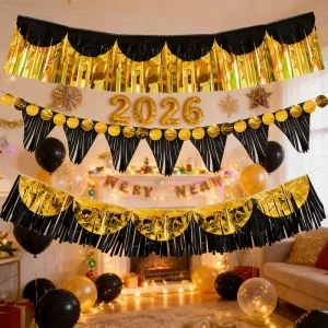 EASTTERN Multishape Black Gold Rose Gold Fringe Paper Foil Banners Backdrop for Graduation New Year Wedding Party Decoration