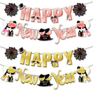 EL NYP02 New Year Modern Gold Black 14.6x18cm Paper Happy New Year Banner Fireworks Trim Party Decoration