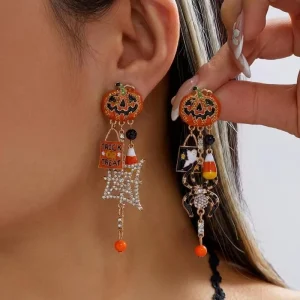 ER26Y0292 Halloween Acrylic Pumpkin Ghost Spider Web Rhinestone Dangle Drop Earrings Unique Holiday Jewelry