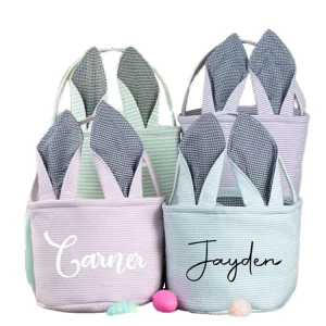 Easter Basket Blank Embroidery Stripe Seersucker Rabbit Ear Bags Egg Hunt Adult Eco friendly Reusable Outdoor