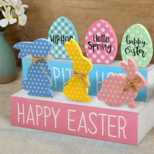 Easter Bunny Decor Colorful 6Pcs Wooden Farmhouse Rabbit and Egg Easter Wooden Sign Spring Decorations
