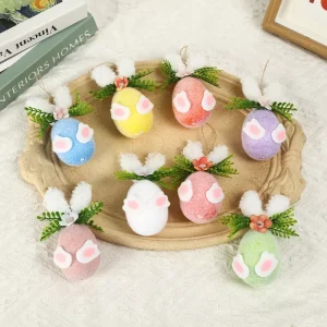 Easter Bunny Ear Egg Fluffy Hanging Ornaments with Flower and Leaf Decor for Easter Tree