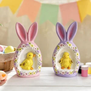 Easter Bunny Egg Decor Pink Resin Table Centerpiece with Yellow Duck & Flower Ornament Easter Gifts Home Decoration