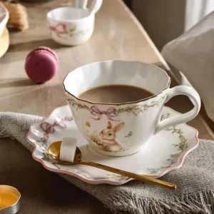 Easter Bunny Gala Porcelain Gold Rim Eco Friendly Pink White Europe Style Tableware Set Including Cups Saucers
