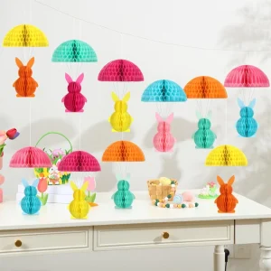 Easter Bunny Hanging Decorations Honeycomb Bunny Parachute Ornaments Colorful 3D Easter Rabbit Honeycomb Centerpiece
