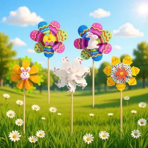 Easter Bunny Pinwheel for Spring Garden Decor 20.5″ Cartoon Rabbit Windmill with Sturdy Wooden Rod Waterproof Yard Art Decor